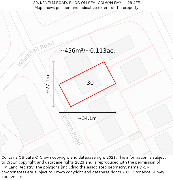 30, KENELM ROAD, RHOS ON SEA, COLWYN BAY, LL28 4EB: Plot and title map