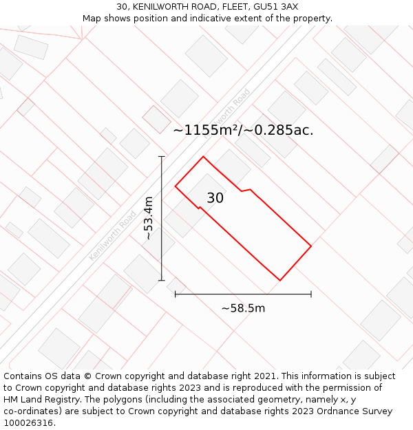 30, KENILWORTH ROAD, FLEET, GU51 3AX: Plot and title map