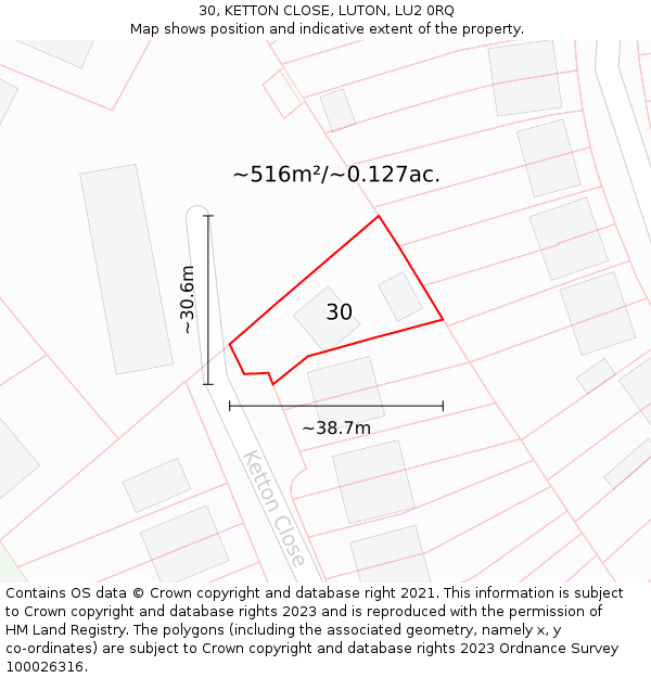 30, KETTON CLOSE, LUTON, LU2 0RQ: Plot and title map