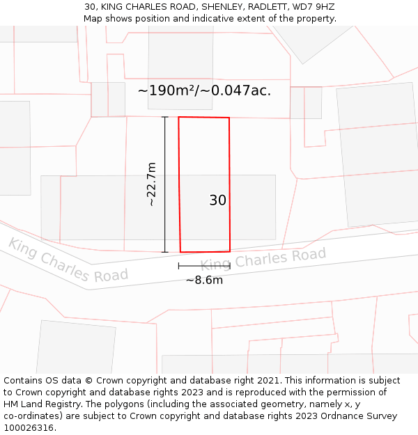 30, KING CHARLES ROAD, SHENLEY, RADLETT, WD7 9HZ: Plot and title map