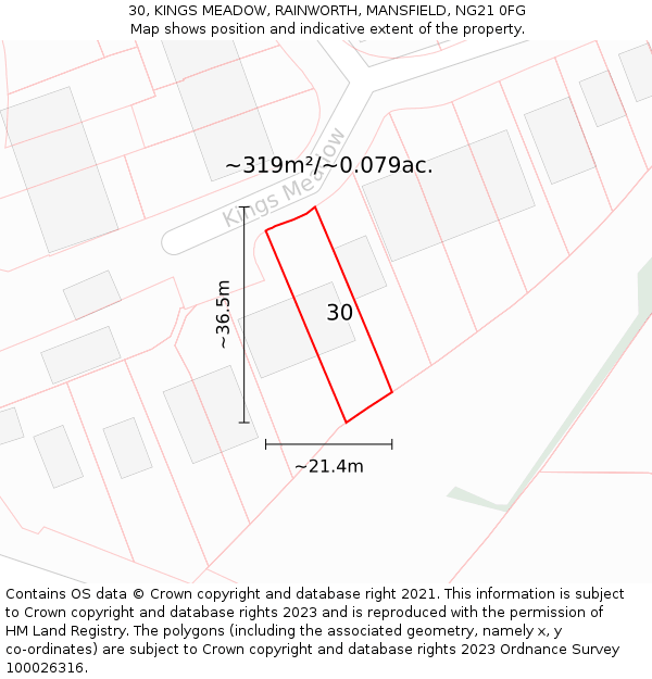 30, KINGS MEADOW, RAINWORTH, MANSFIELD, NG21 0FG: Plot and title map