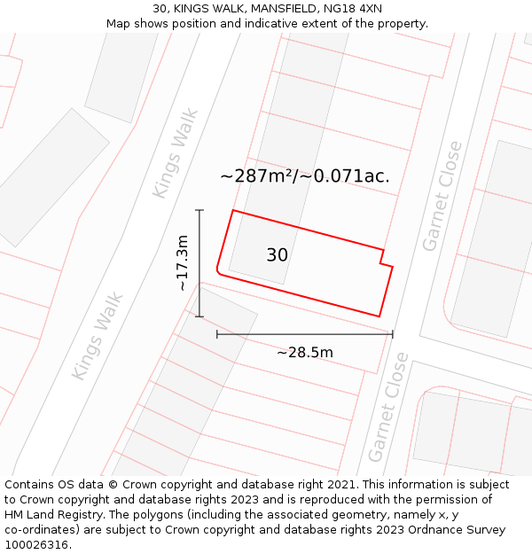 30, KINGS WALK, MANSFIELD, NG18 4XN: Plot and title map