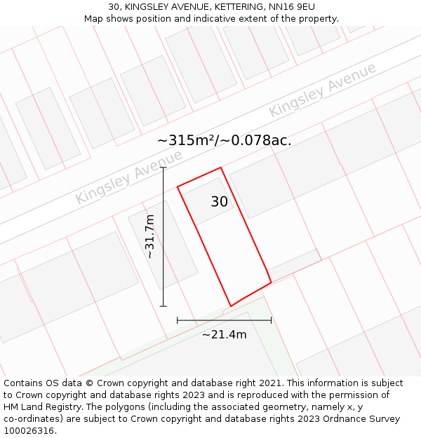 30, KINGSLEY AVENUE, KETTERING, NN16 9EU: Plot and title map