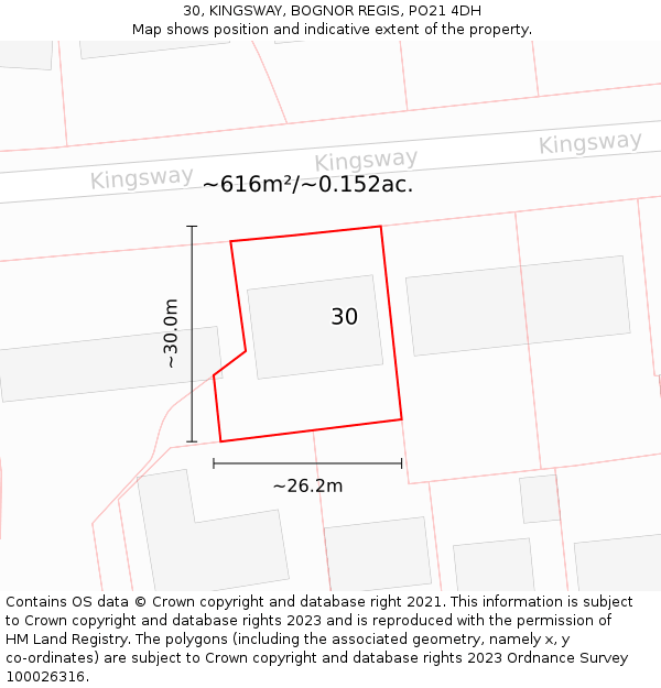 30, KINGSWAY, BOGNOR REGIS, PO21 4DH: Plot and title map
