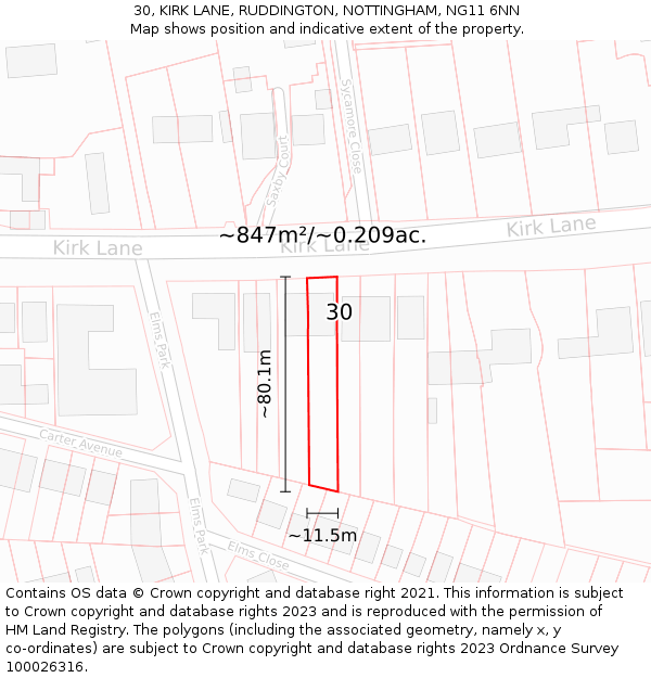 30, KIRK LANE, RUDDINGTON, NOTTINGHAM, NG11 6NN: Plot and title map