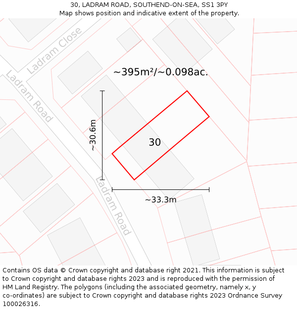 30, LADRAM ROAD, SOUTHEND-ON-SEA, SS1 3PY: Plot and title map