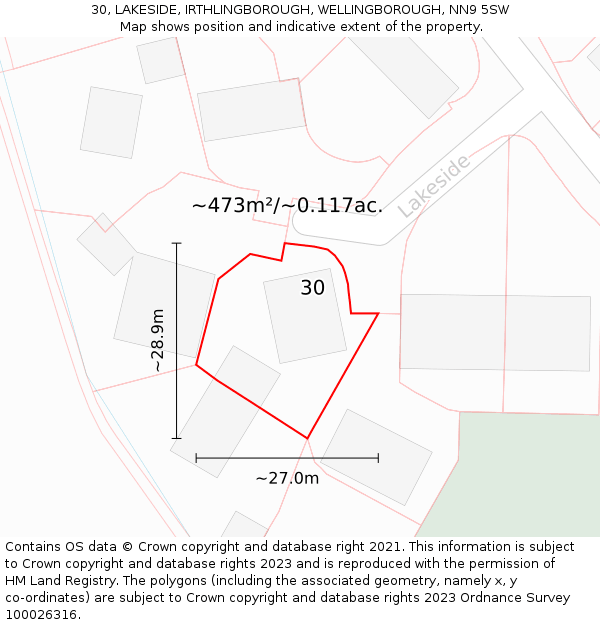 30, LAKESIDE, IRTHLINGBOROUGH, WELLINGBOROUGH, NN9 5SW: Plot and title map