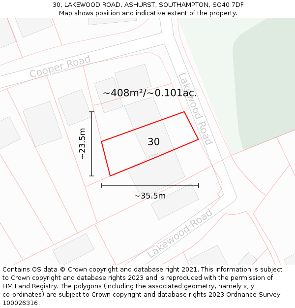 30, LAKEWOOD ROAD, ASHURST, SOUTHAMPTON, SO40 7DF: Plot and title map