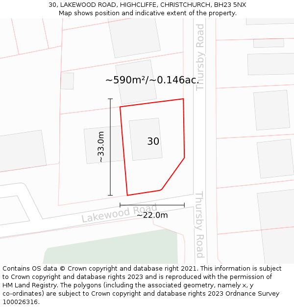 30, LAKEWOOD ROAD, HIGHCLIFFE, CHRISTCHURCH, BH23 5NX: Plot and title map