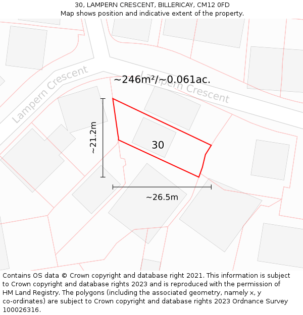 30, LAMPERN CRESCENT, BILLERICAY, CM12 0FD: Plot and title map