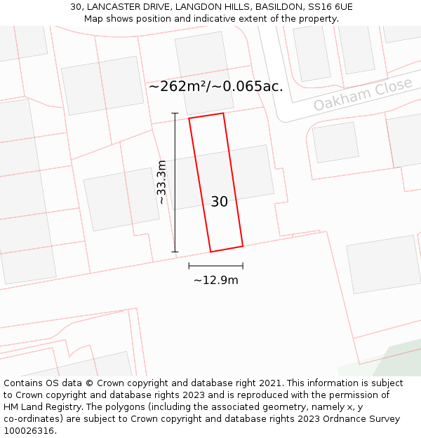 30, LANCASTER DRIVE, LANGDON HILLS, BASILDON, SS16 6UE: Plot and title map