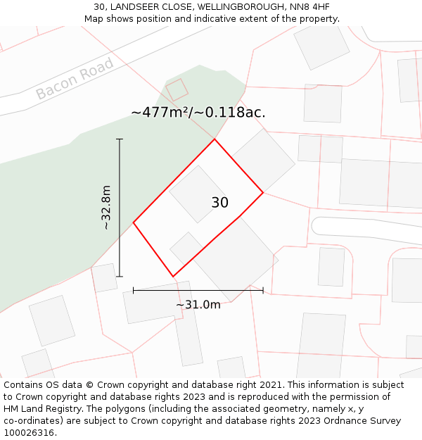 30, LANDSEER CLOSE, WELLINGBOROUGH, NN8 4HF: Plot and title map