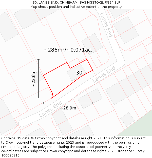 30, LANES END, CHINEHAM, BASINGSTOKE, RG24 8LF: Plot and title map