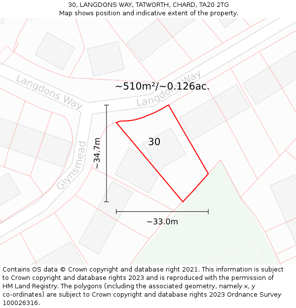 30, LANGDONS WAY, TATWORTH, CHARD, TA20 2TG: Plot and title map