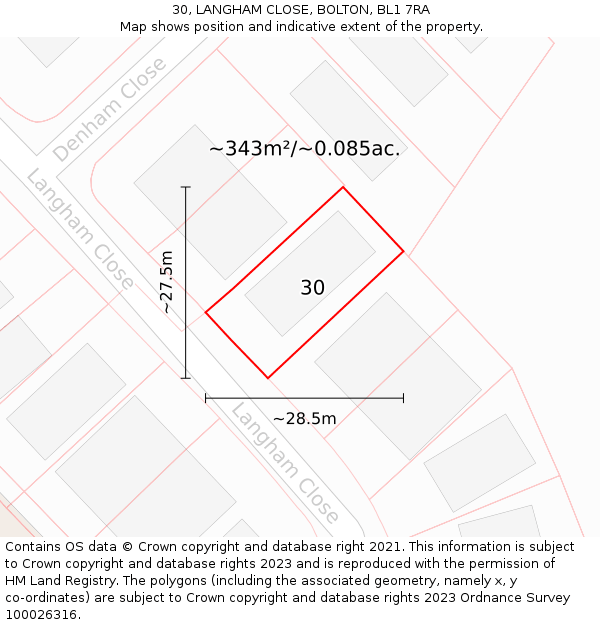 30, LANGHAM CLOSE, BOLTON, BL1 7RA: Plot and title map