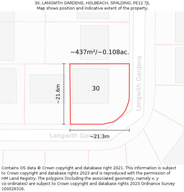 30, LANGWITH GARDENS, HOLBEACH, SPALDING, PE12 7JL: Plot and title map