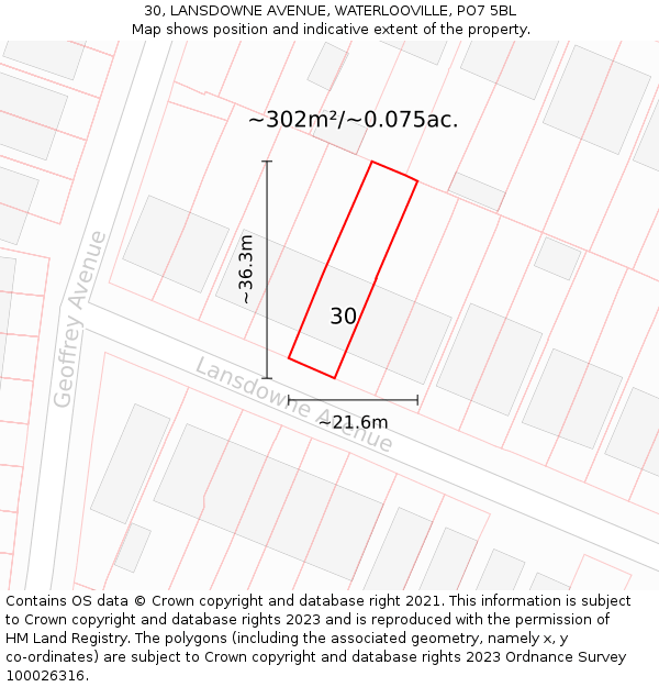 30, LANSDOWNE AVENUE, WATERLOOVILLE, PO7 5BL: Plot and title map