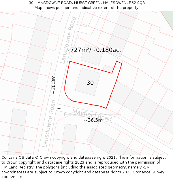 30, LANSDOWNE ROAD, HURST GREEN, HALESOWEN, B62 9QR: Plot and title map