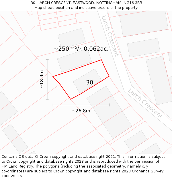 30, LARCH CRESCENT, EASTWOOD, NOTTINGHAM, NG16 3RB: Plot and title map