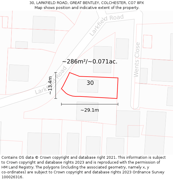 30, LARKFIELD ROAD, GREAT BENTLEY, COLCHESTER, CO7 8PX: Plot and title map