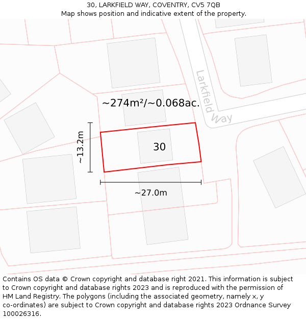 30, LARKFIELD WAY, COVENTRY, CV5 7QB: Plot and title map