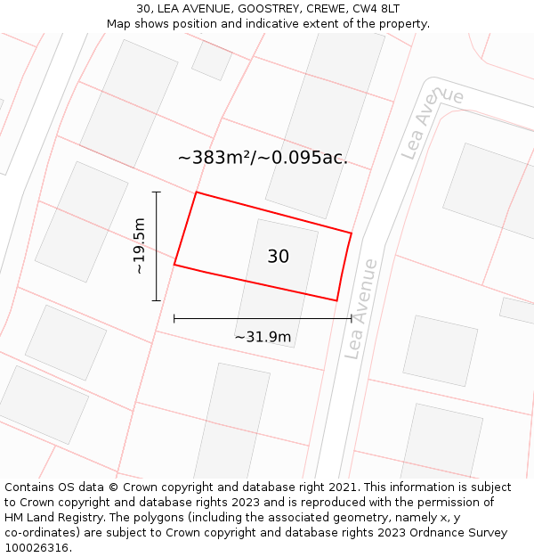 30, LEA AVENUE, GOOSTREY, CREWE, CW4 8LT: Plot and title map