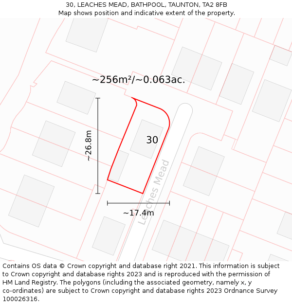 30, LEACHES MEAD, BATHPOOL, TAUNTON, TA2 8FB: Plot and title map