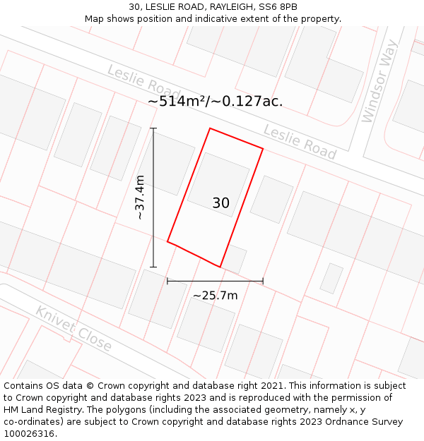 30, LESLIE ROAD, RAYLEIGH, SS6 8PB: Plot and title map