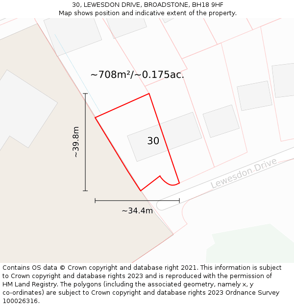 30, LEWESDON DRIVE, BROADSTONE, BH18 9HF: Plot and title map