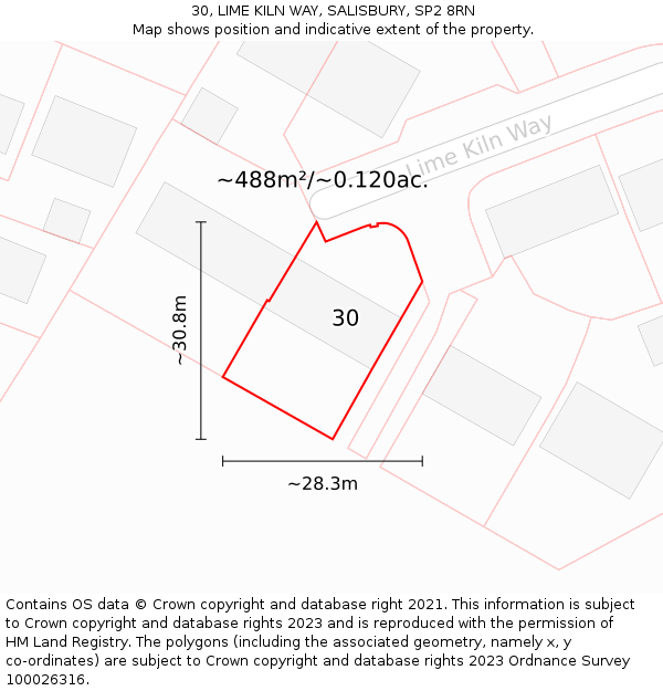 30, LIME KILN WAY, SALISBURY, SP2 8RN: Plot and title map