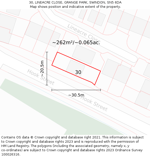 30, LINEACRE CLOSE, GRANGE PARK, SWINDON, SN5 6DA: Plot and title map