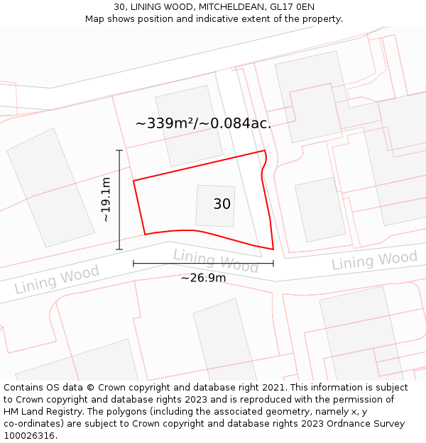 30, LINING WOOD, MITCHELDEAN, GL17 0EN: Plot and title map