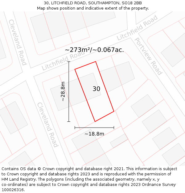 30, LITCHFIELD ROAD, SOUTHAMPTON, SO18 2BB: Plot and title map