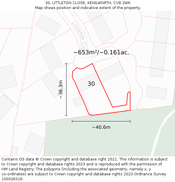 30, LITTLETON CLOSE, KENILWORTH, CV8 2WA: Plot and title map