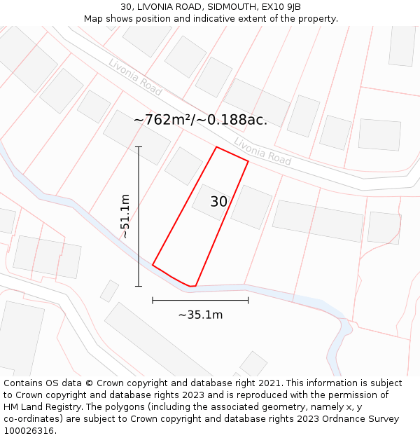 30, LIVONIA ROAD, SIDMOUTH, EX10 9JB: Plot and title map