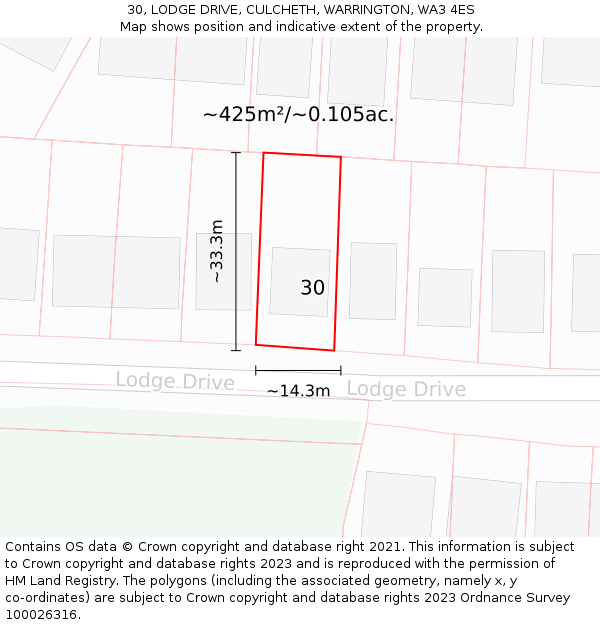 30, LODGE DRIVE, CULCHETH, WARRINGTON, WA3 4ES: Plot and title map