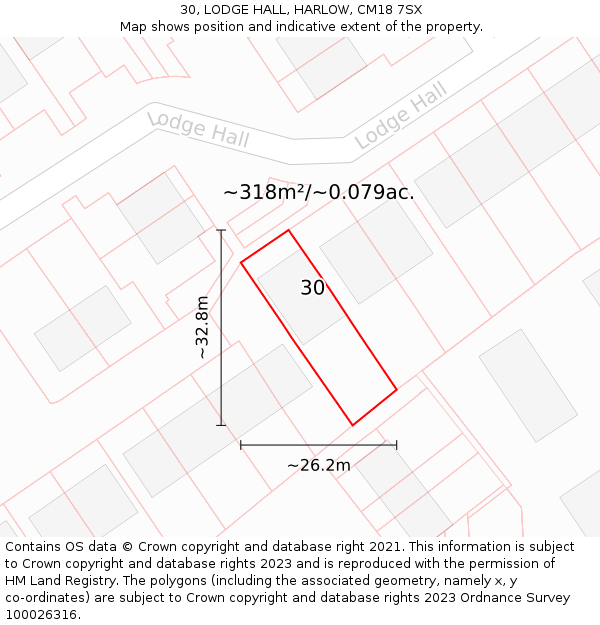 30, LODGE HALL, HARLOW, CM18 7SX: Plot and title map