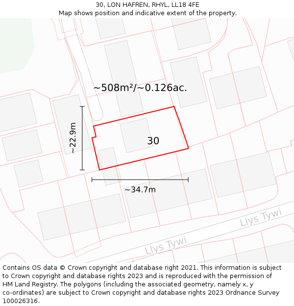 30, LON HAFREN, RHYL, LL18 4FE: Plot and title map