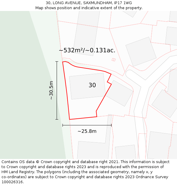 30, LONG AVENUE, SAXMUNDHAM, IP17 1WG: Plot and title map