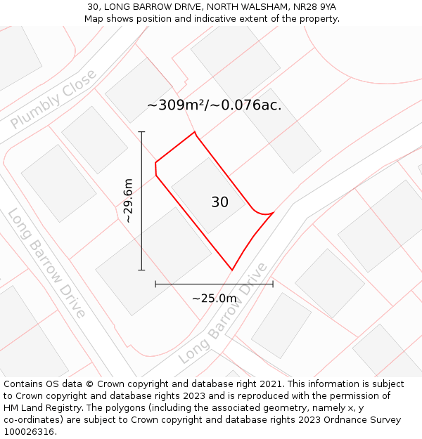 30, LONG BARROW DRIVE, NORTH WALSHAM, NR28 9YA: Plot and title map