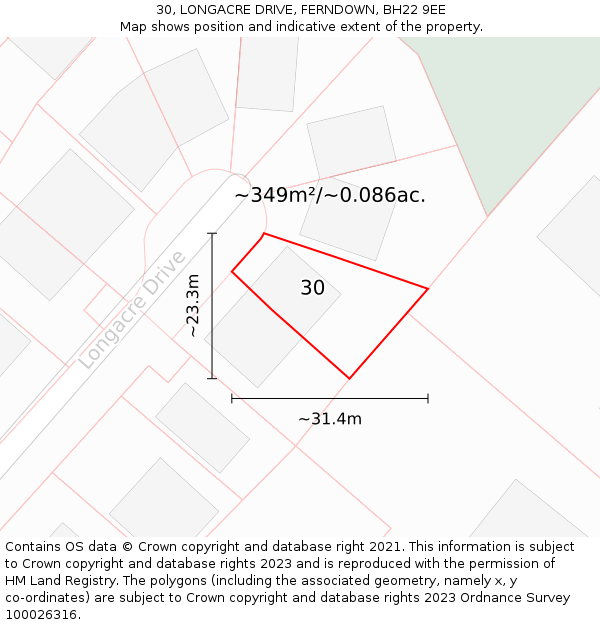 30, LONGACRE DRIVE, FERNDOWN, BH22 9EE: Plot and title map