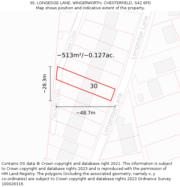 30, LONGEDGE LANE, WINGERWORTH, CHESTERFIELD, S42 6PD: Plot and title map