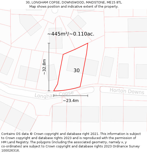 30, LONGHAM COPSE, DOWNSWOOD, MAIDSTONE, ME15 8TL: Plot and title map