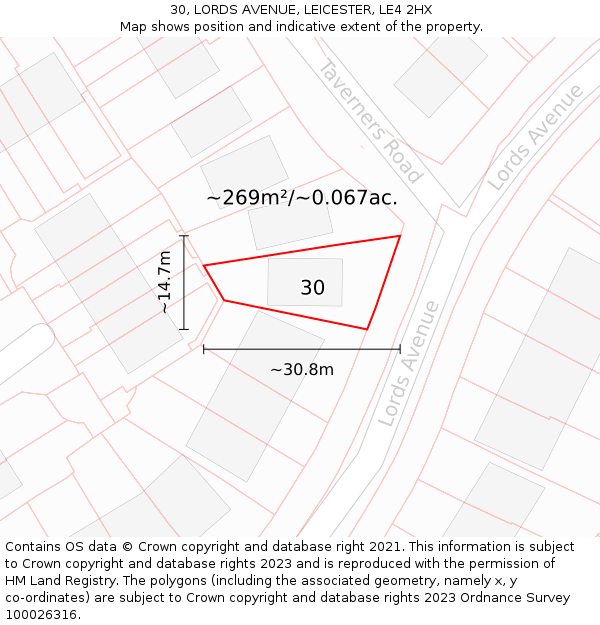 30, LORDS AVENUE, LEICESTER, LE4 2HX: Plot and title map