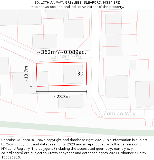 30, LOTHIAN WAY, GREYLEES, SLEAFORD, NG34 8FZ: Plot and title map