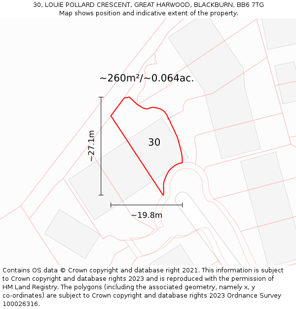 30, LOUIE POLLARD CRESCENT, GREAT HARWOOD, BLACKBURN, BB6 7TG: Plot and title map