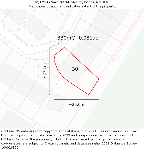 30, LOVAP WAY, GREAT OAKLEY, CORBY, NN18 8JL: Plot and title map