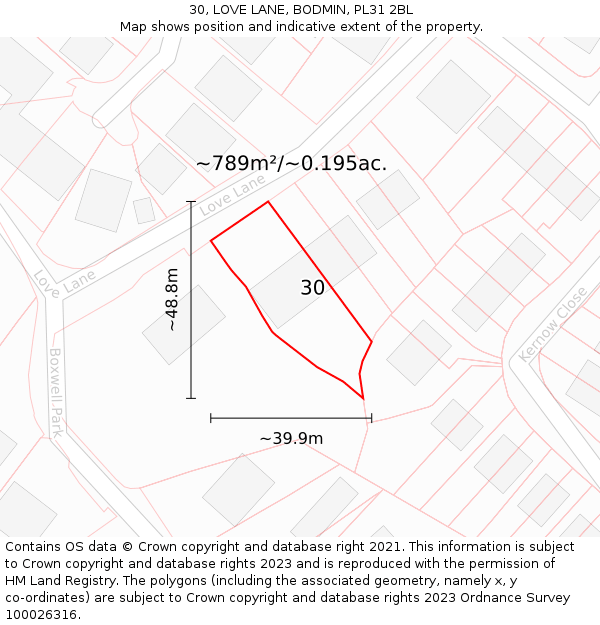 30, LOVE LANE, BODMIN, PL31 2BL: Plot and title map