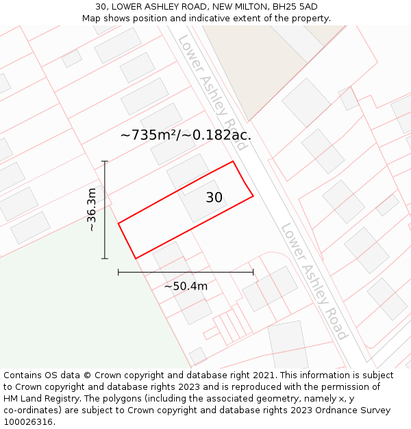 30, LOWER ASHLEY ROAD, NEW MILTON, BH25 5AD: Plot and title map