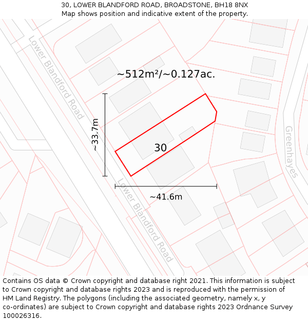 30, LOWER BLANDFORD ROAD, BROADSTONE, BH18 8NX: Plot and title map